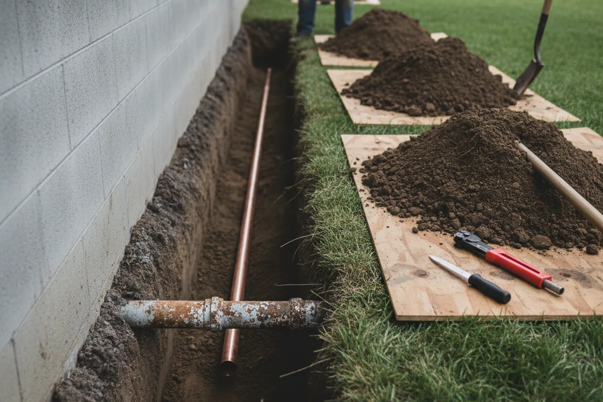 Excavated water line trench during Sewer Line Repair in Krum